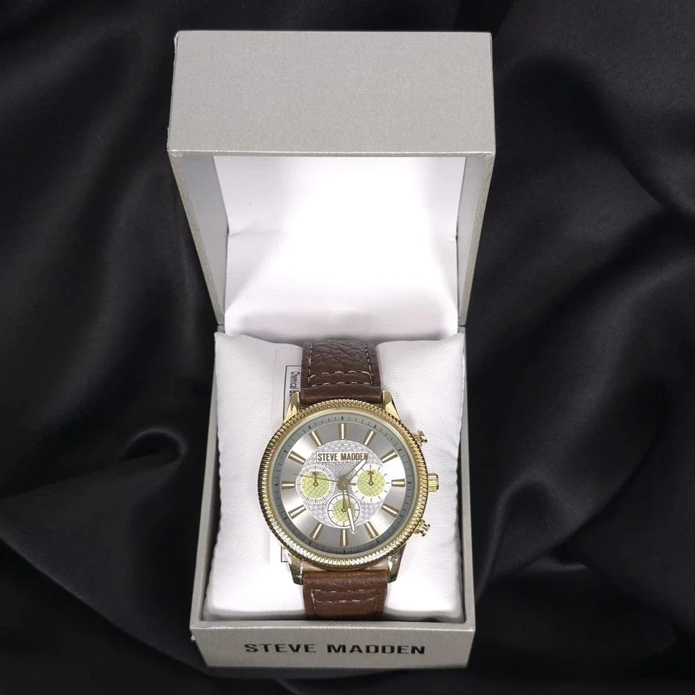STEVE MADDEN New Men Watch Casual Brown Leather Gold ChRonograph SM-9192SVBN